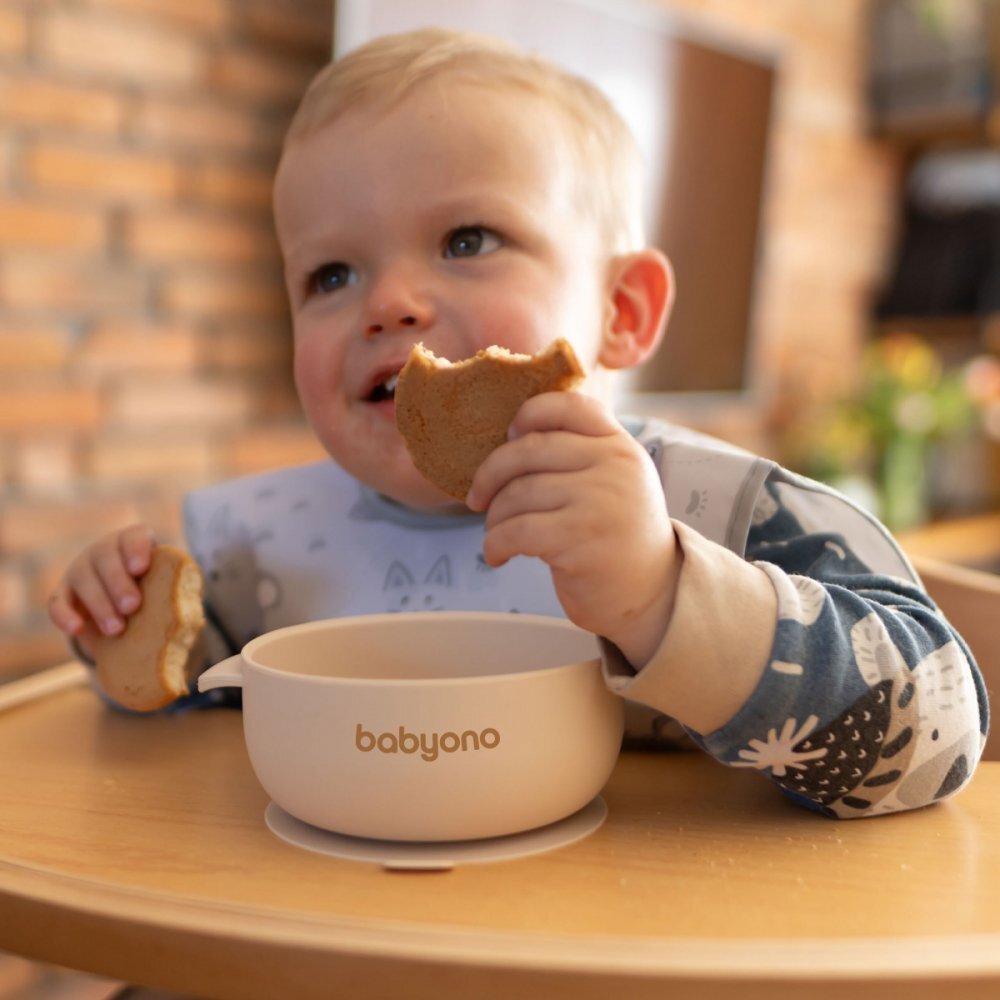 BABYONO Bol din silicon cu ventuza si capac Bej