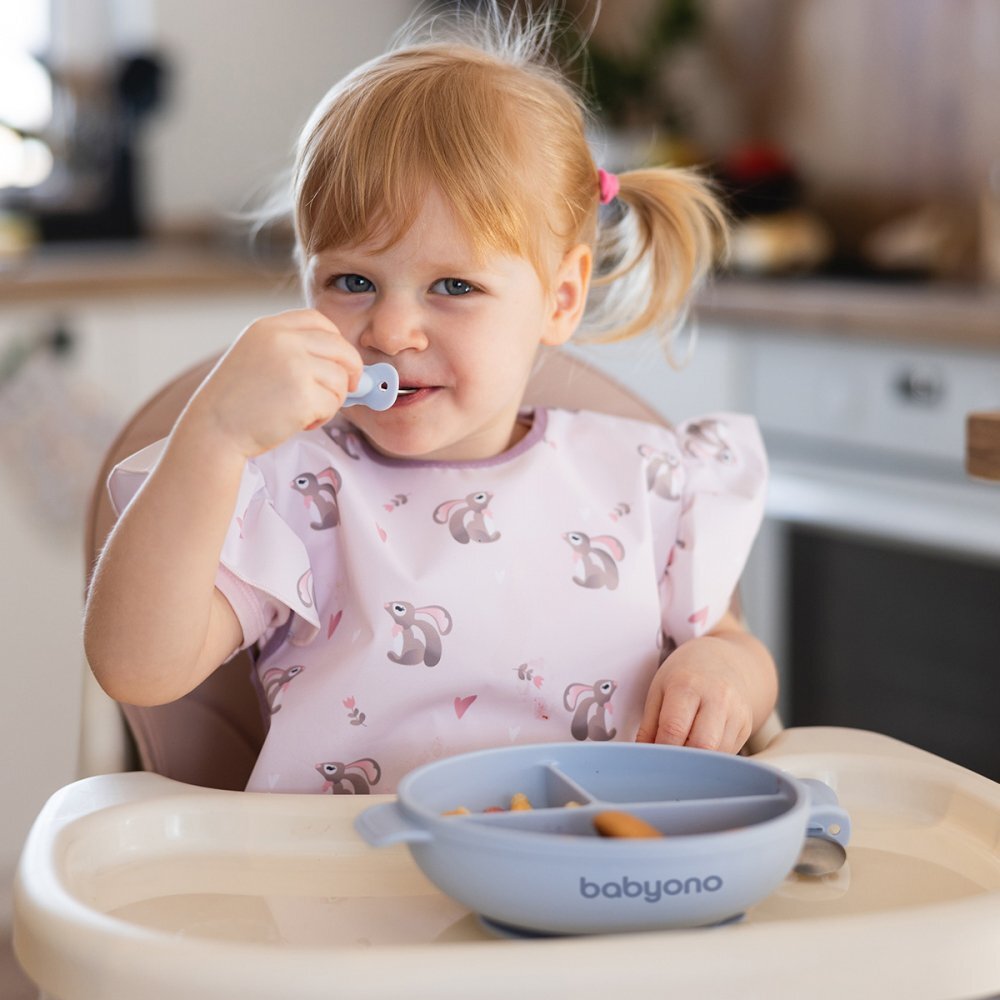 BABYONO Farfurie din silicon cu ventuza si capac albastru