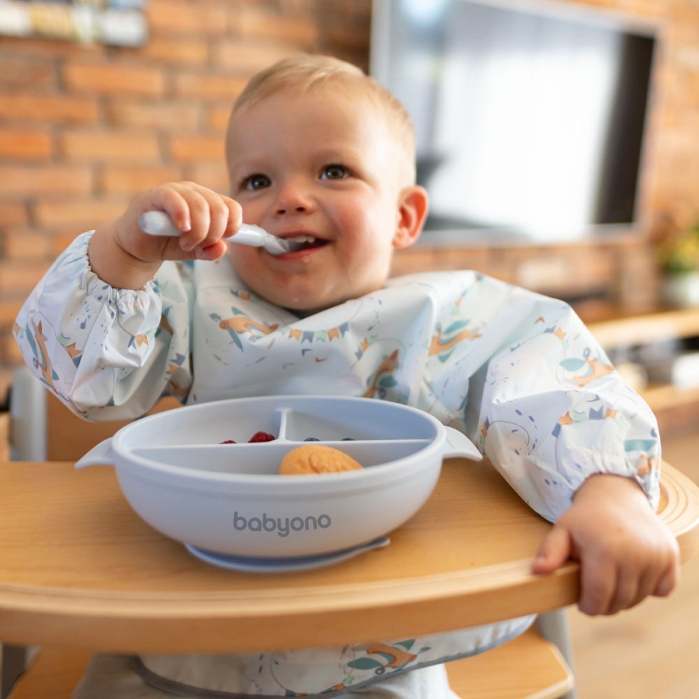 BABYONO Farfurie din silicon cu ventuza si capac albastru