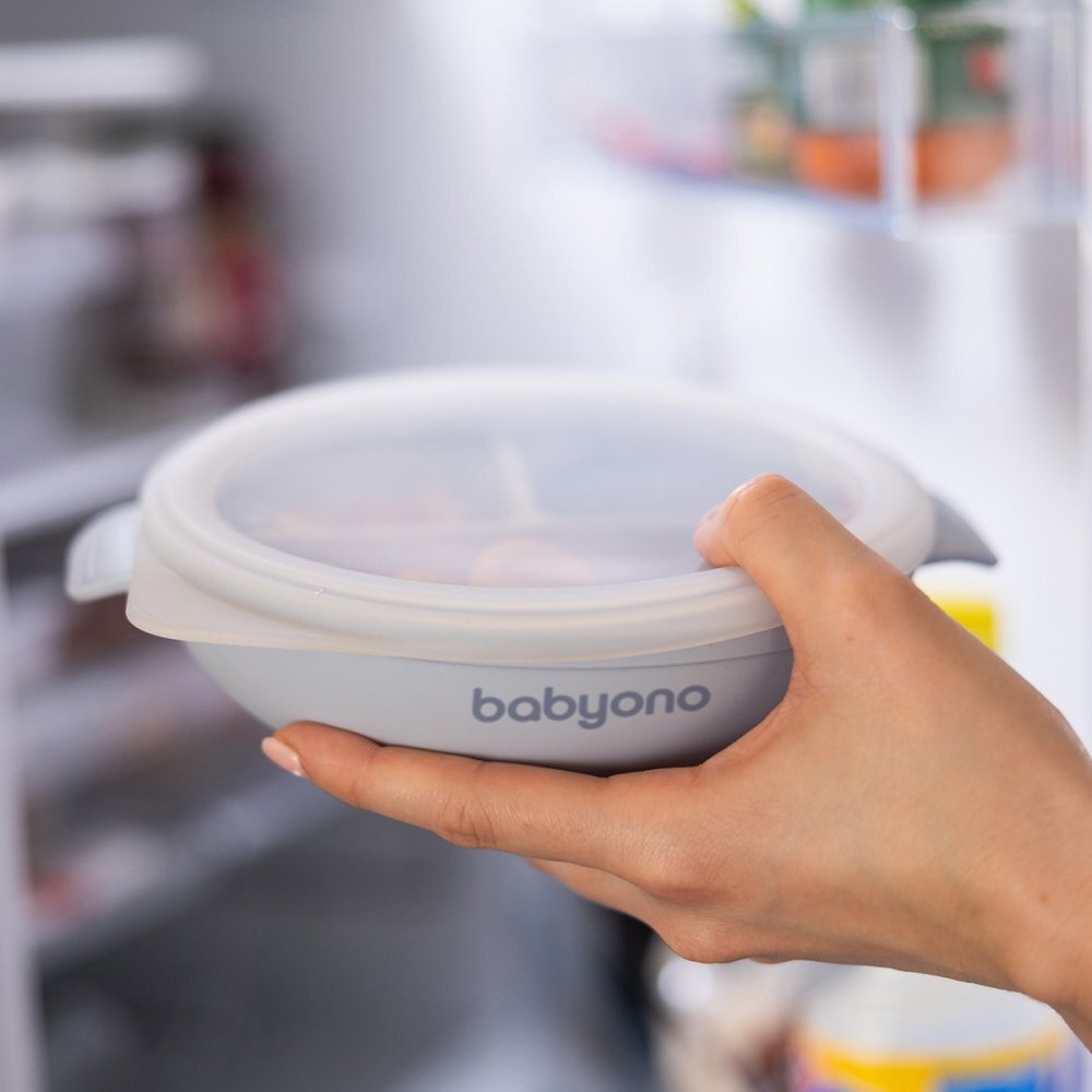 BABYONO Farfurie din silicon cu ventuza si capac albastru