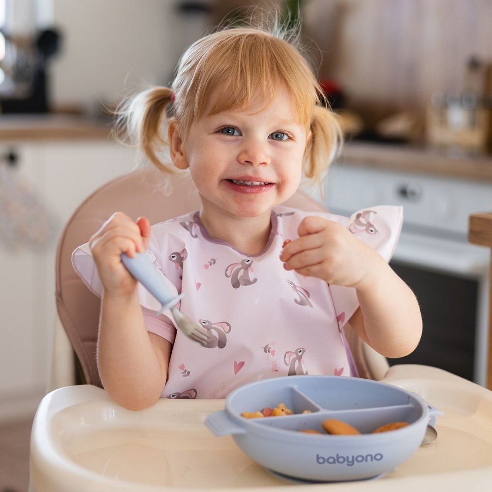 BABYONO Farfurie din silicon cu ventuza si capac albastru