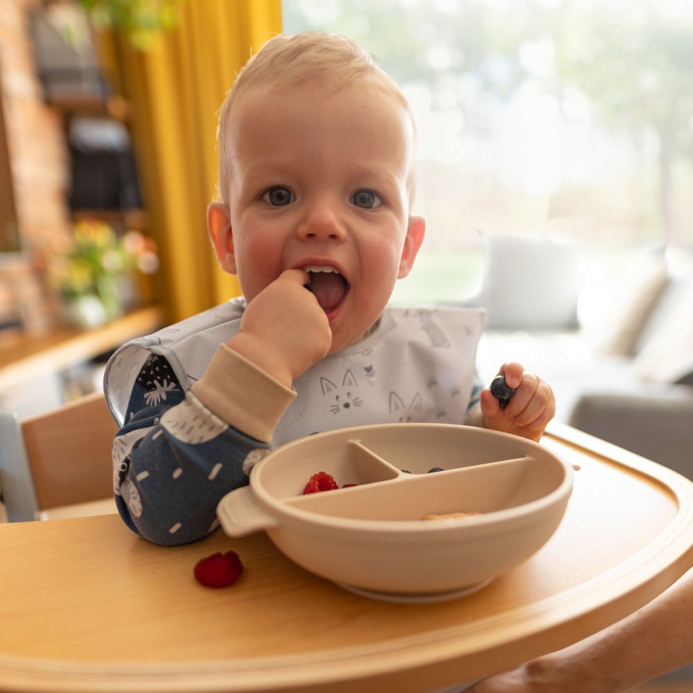BABYONO Farfurie din silicon cu ventuza si capac Bej