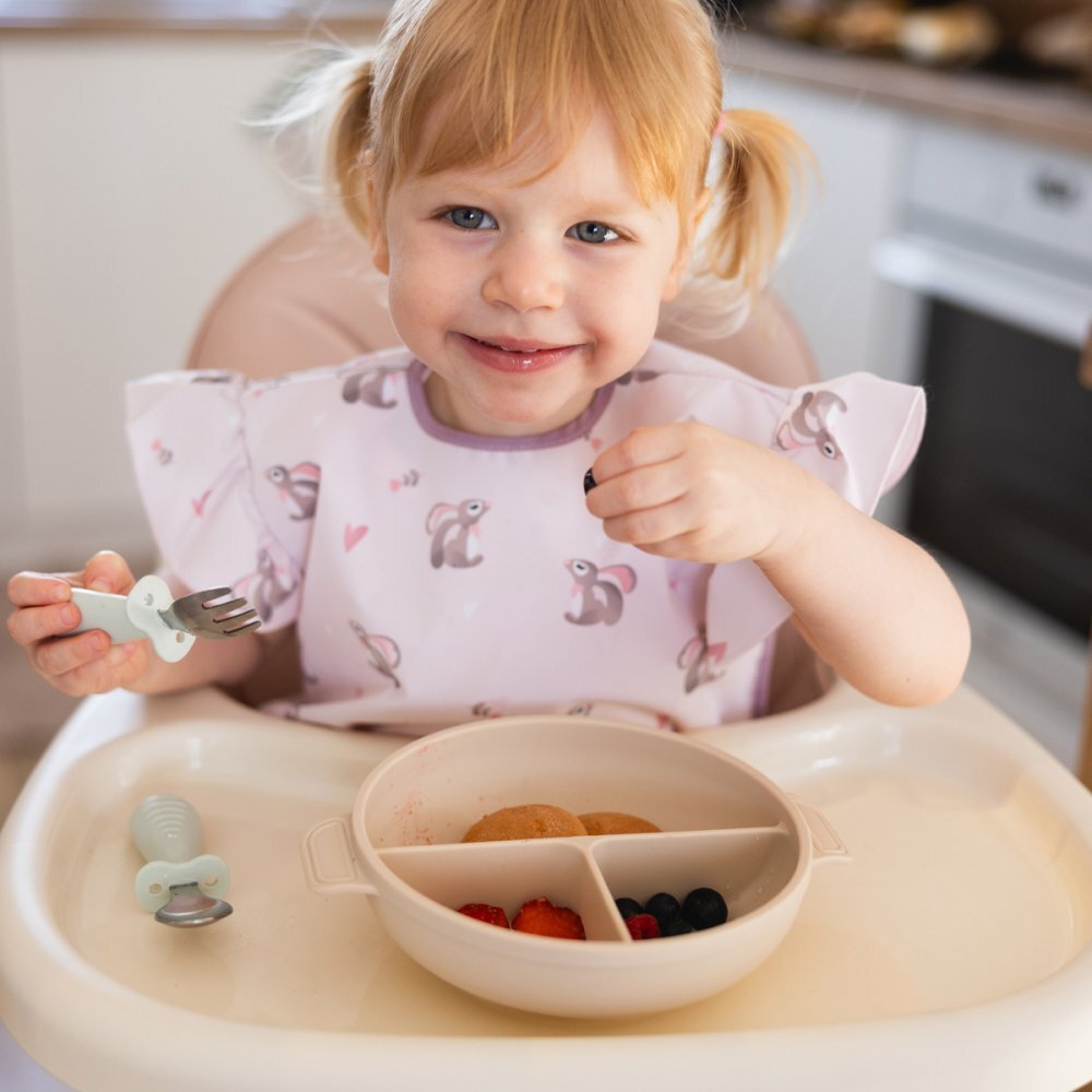 BABYONO Farfurie din silicon cu ventuza si capac Bej