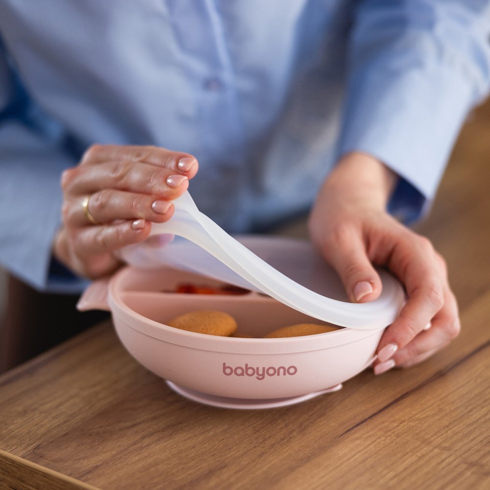 BABYONO Farfurie din silicon cu ventuza si capac Roz