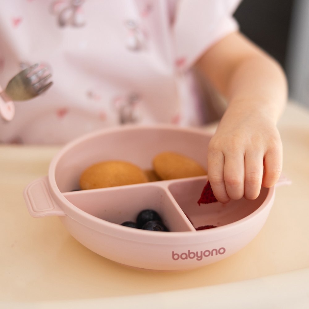 BABYONO Farfurie din silicon cu ventuza si capac Roz