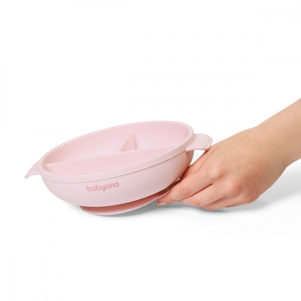 BABYONO Farfurie din silicon cu ventuza si capac Roz