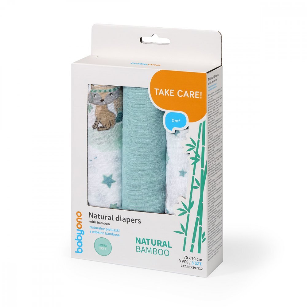 BABYONO Set 3 scutece cu fibre bambus natural albastru