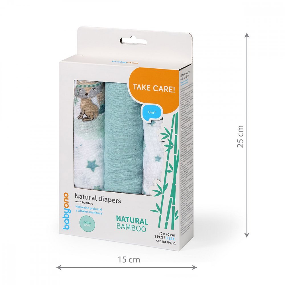 BABYONO Set 3 scutece cu fibre bambus natural albastru