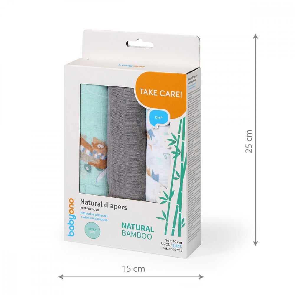 BABYONO Set 3 scutece cu fibre bambus natural gri