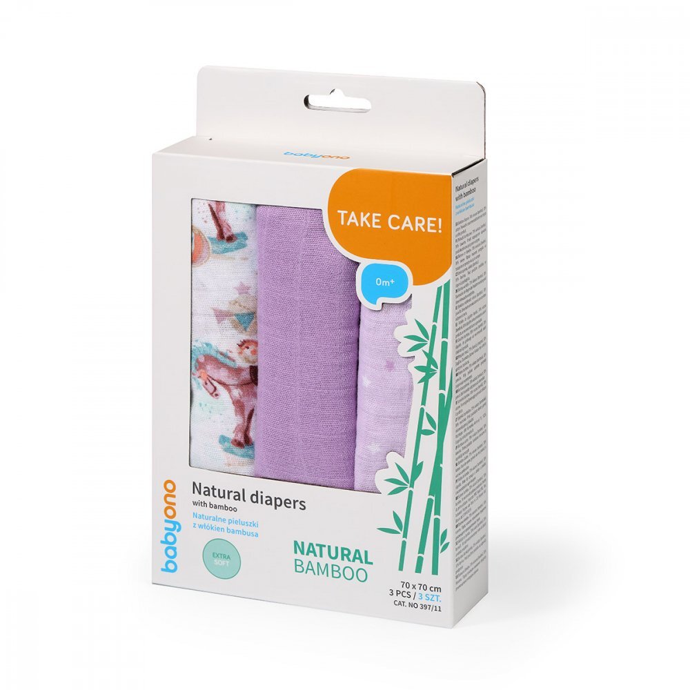 BABYONO Set 3 scutece cu fibre bambus natural mov
