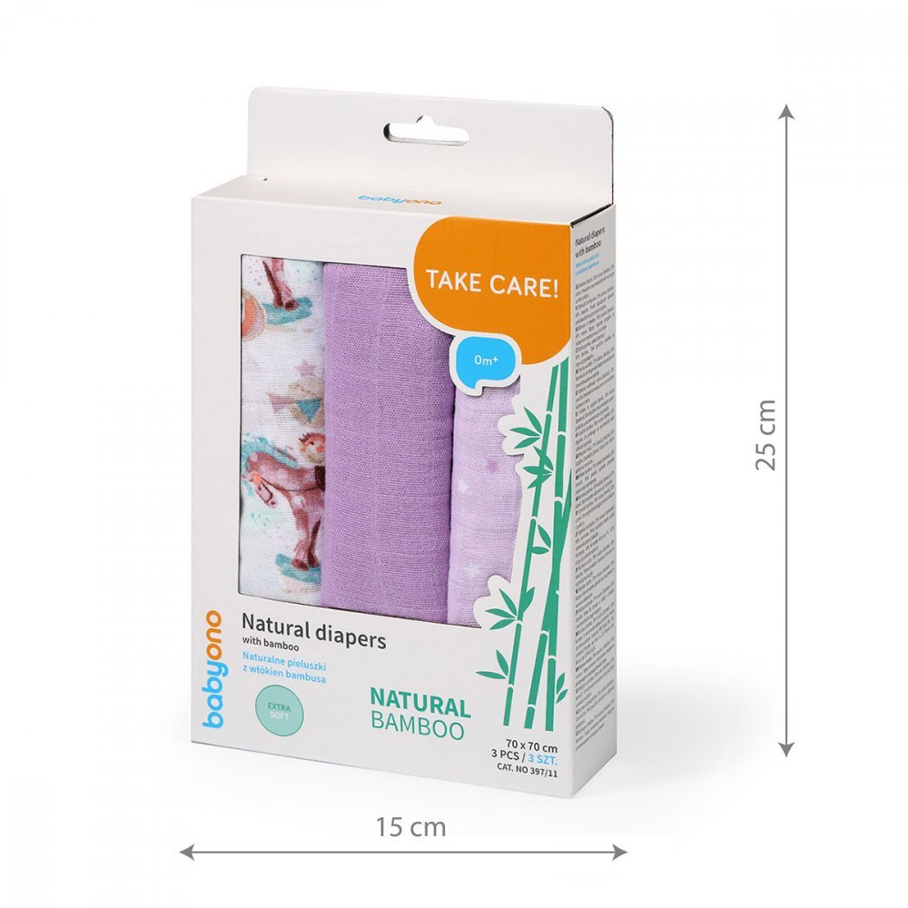 BABYONO Set 3 scutece cu fibre bambus natural mov