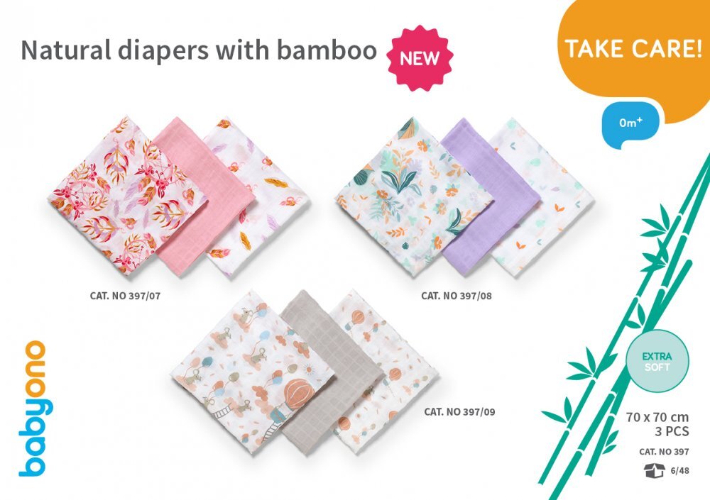 BABYONO Set 3 scutece din bumbac si bambus Baby Ono Bamboo 07 roz
