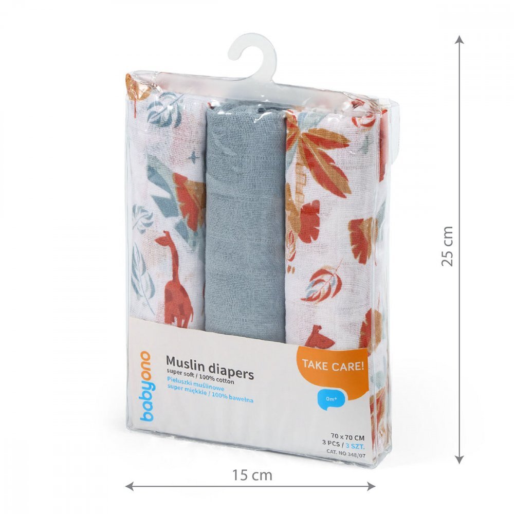 BABYONO Set 3 scutece din muselina super soft 34807 din bumbac 70x70 cm
