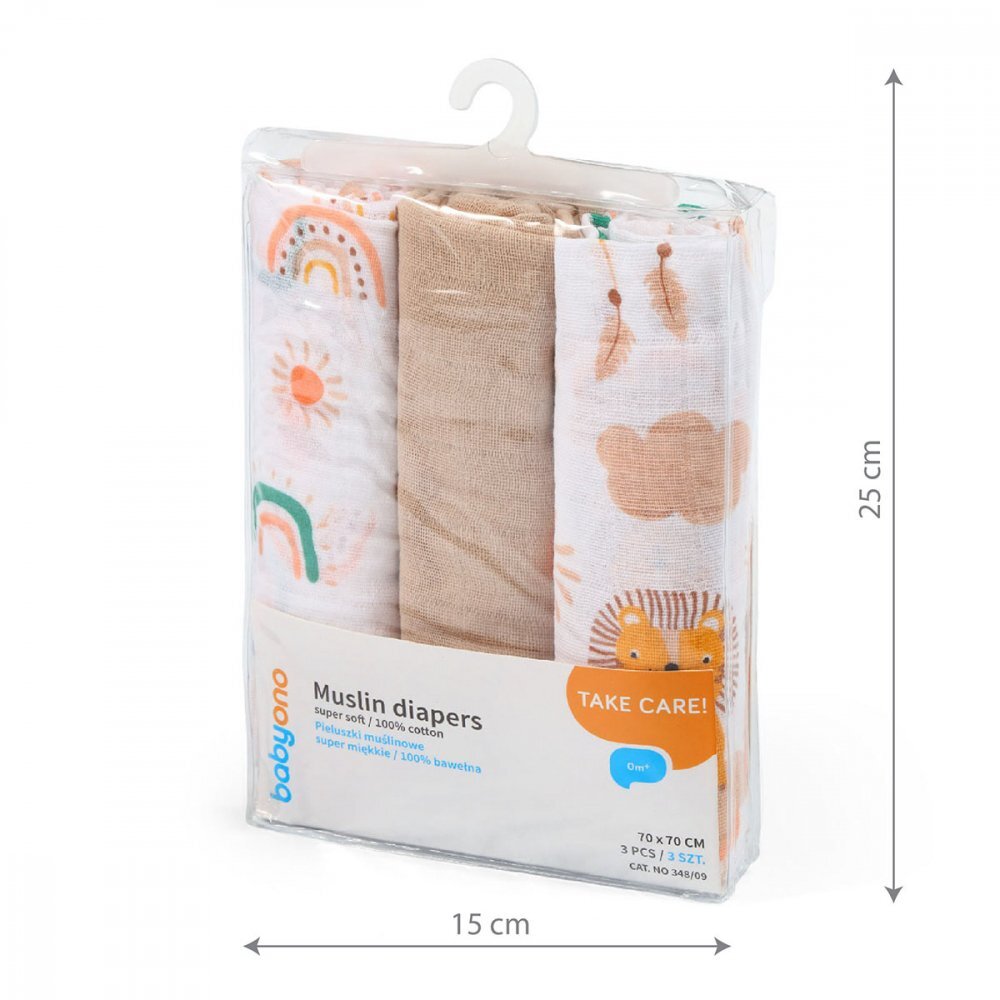 BABYONO Set 3 scutece din muselina super soft 34808 din bumbac 70x70 cm