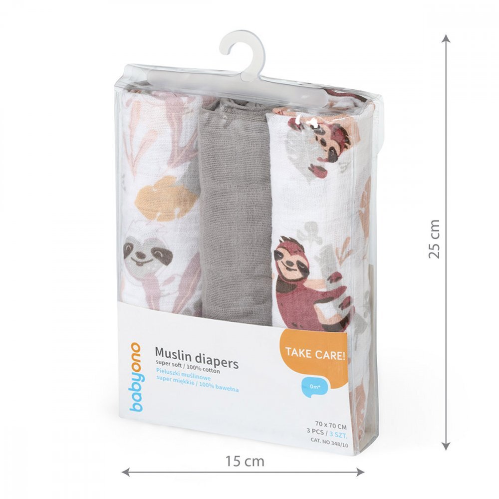 BABYONO Set 3 scutece din muselina super soft 34810 din bumbac 70x70 cm