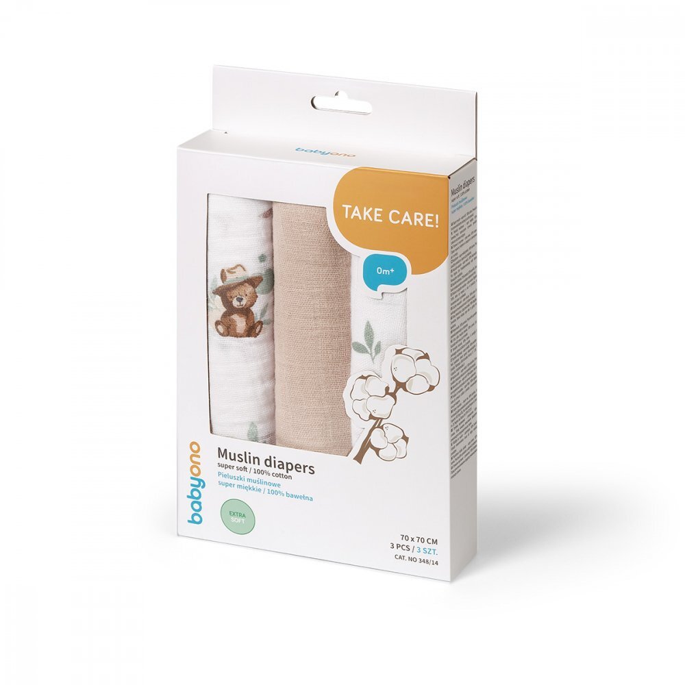 BABYONO Set 3 scutece din muselina super soft 34814 din bumbac 70x70 cm