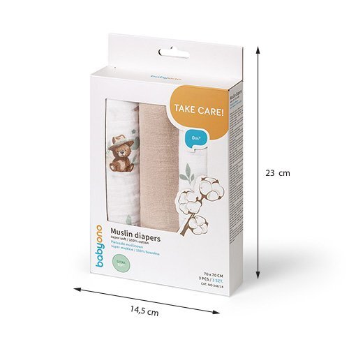 BABYONO Set 3 scutece din muselina super soft 34814 din bumbac 70x70 cm