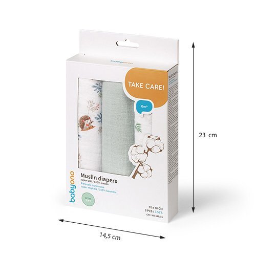 BABYONO Set 3 scutece din muselina super soft 34816 din bumbac 70x70 cm