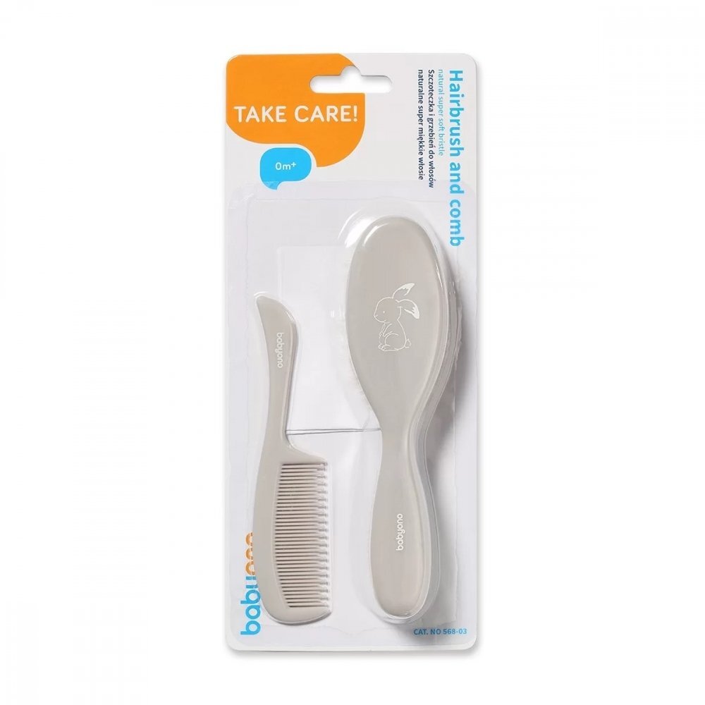 BABYONO Set perie din par natural super moale si pieptene Bunny Grey