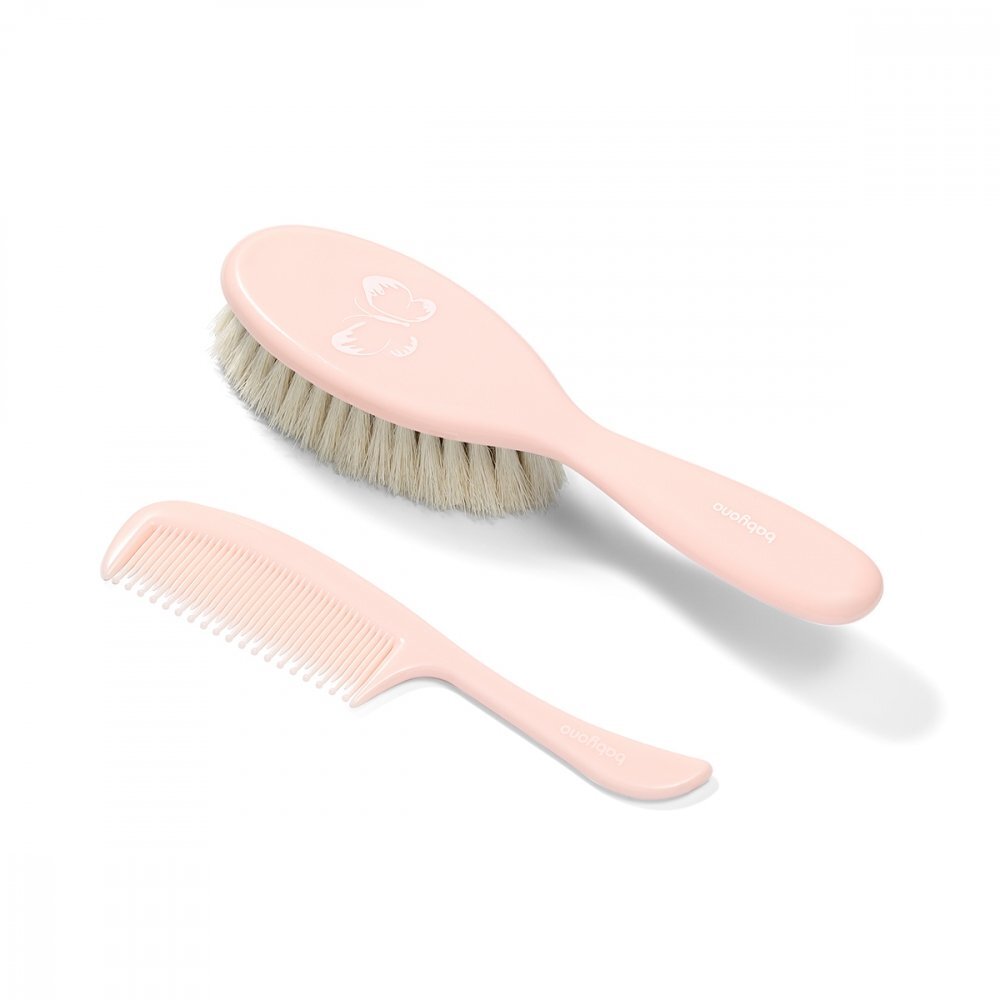 BABYONO Set perie din par natural super moale si pieptene Butterfly Pink
