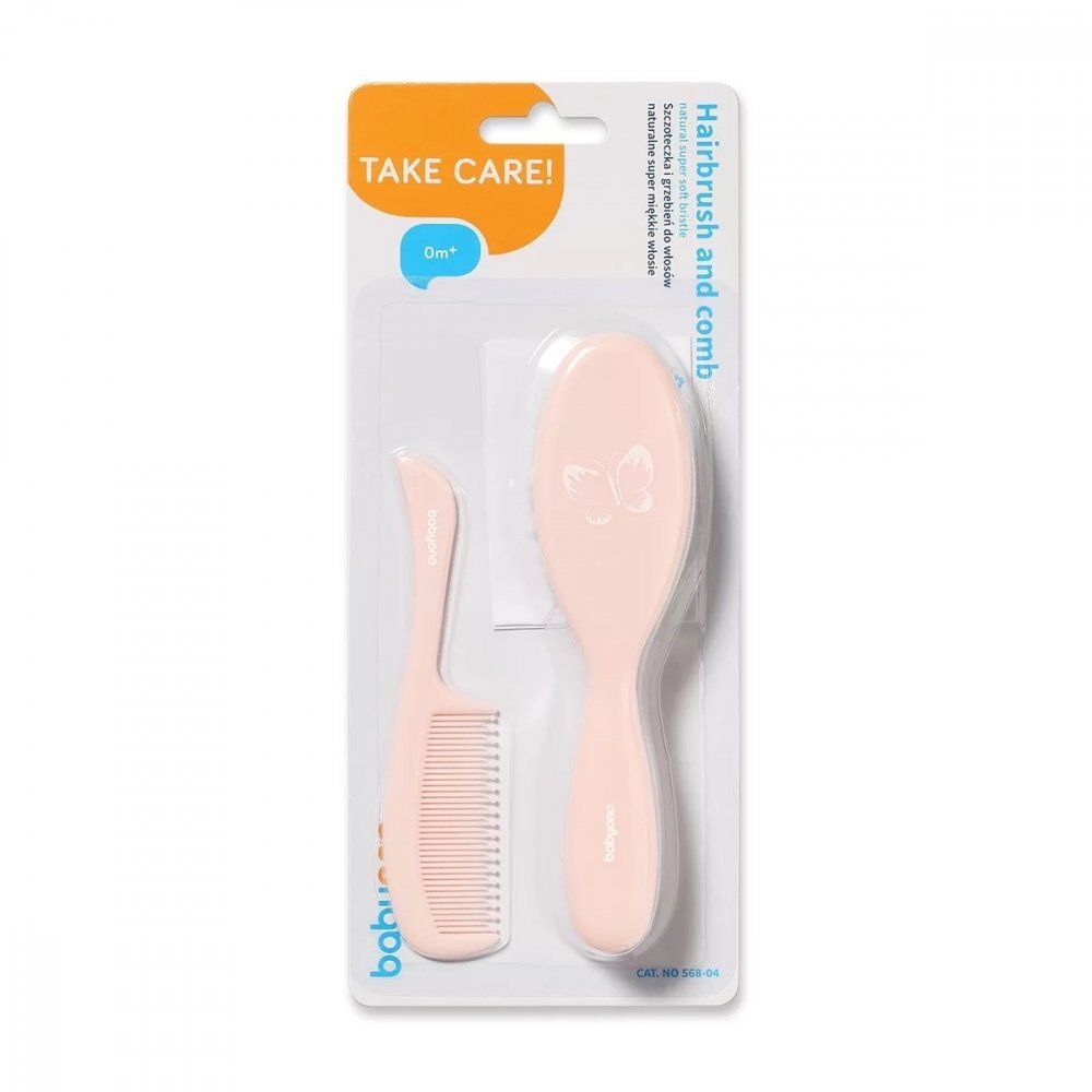 BABYONO Set perie din par natural super moale si pieptene Butterfly Pink