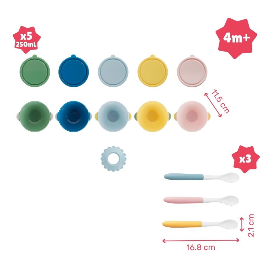 BADABULLE Set 5 boluri si 3 lingurite colorate