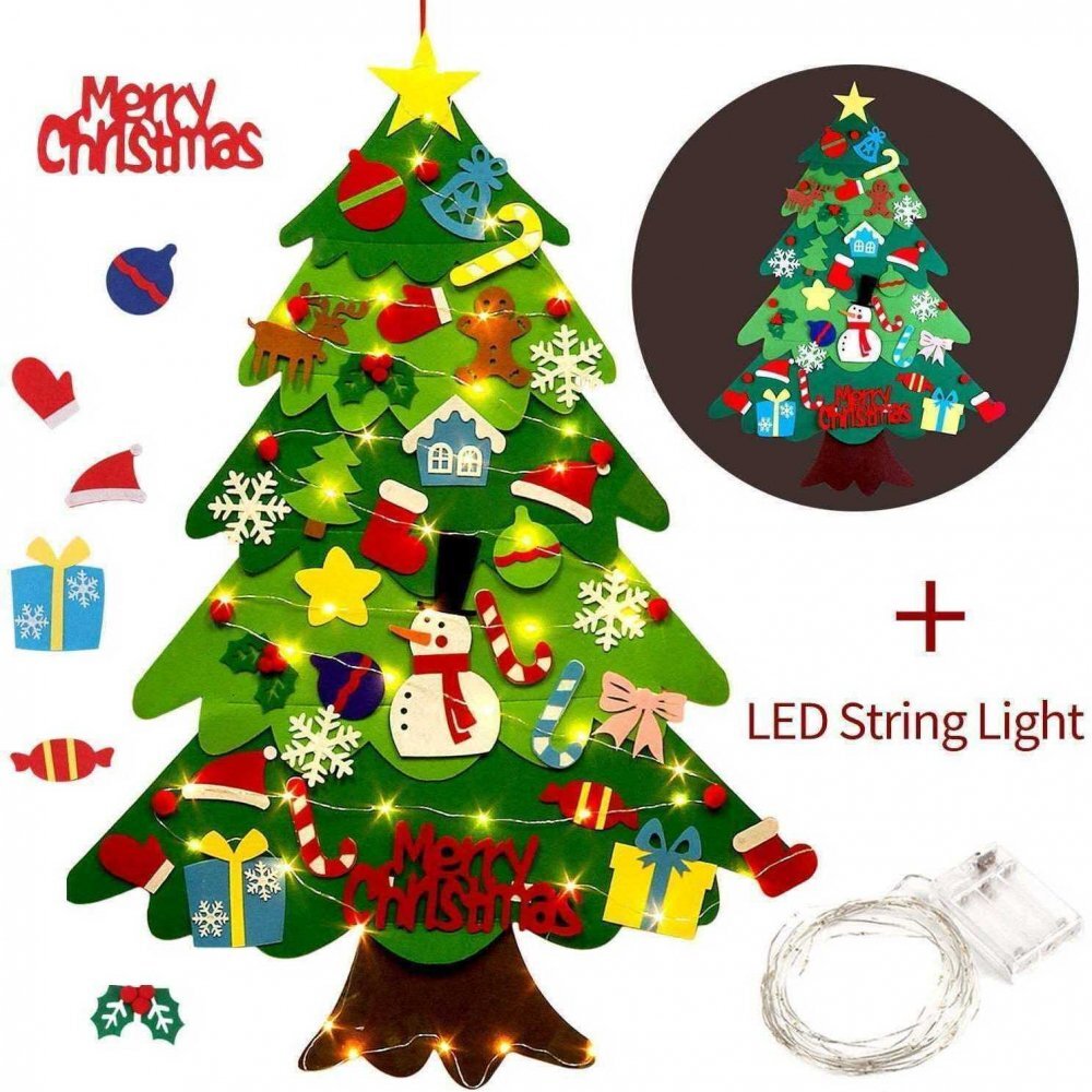 Bambinice Brad de Craciun din Fetru in 2 culori 100x70 m 32 decoratiuni si banda Led inclusa