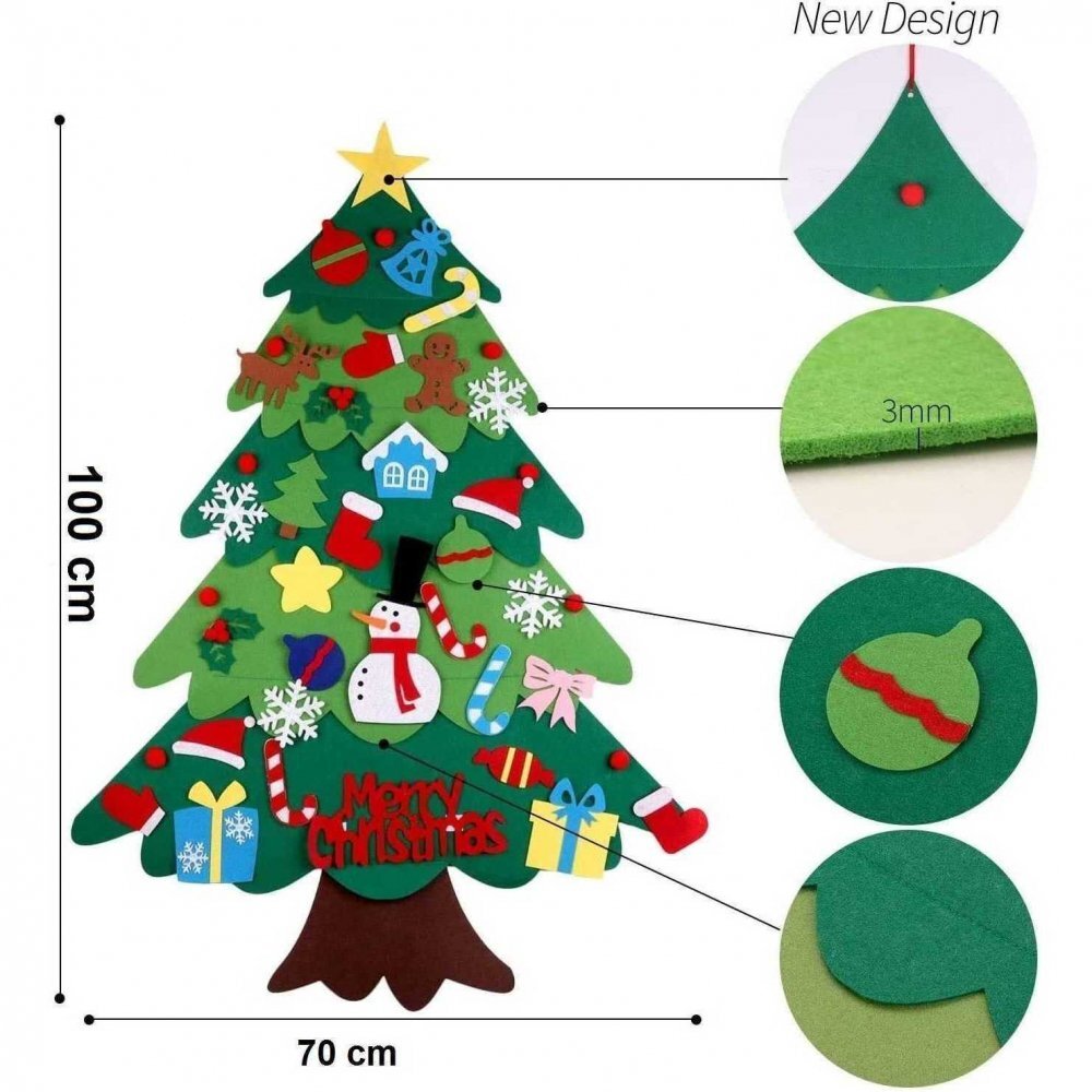 Bambinice Brad de Craciun din Fetru in 2 culori 100x70 m 32 decoratiuni si banda Led inclusa