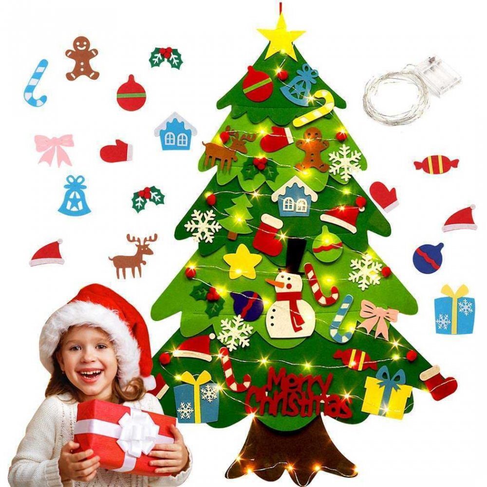 Bambinice Brad de Craciun din Fetru in 2 culori 100x70 m 32 decoratiuni si banda Led inclusa