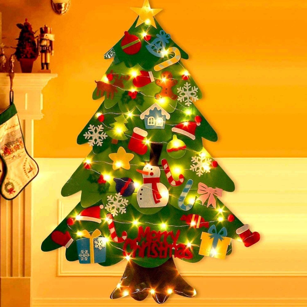 Bambinice Brad de Craciun din Fetru in 2 culori 100x70 m 32 decoratiuni si banda Led inclusa