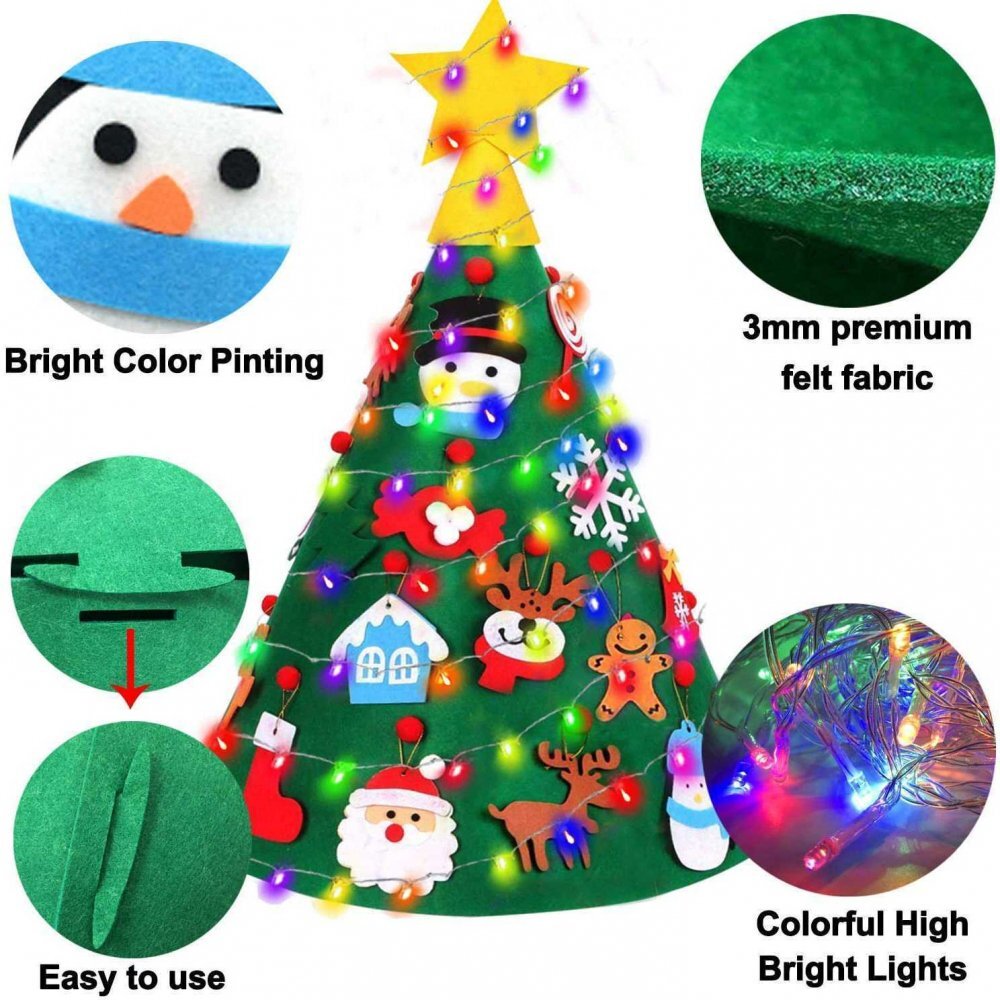 Bambinice Brad de Craciun din Fetru model Conic 3D 75x50cm 18 decoratiuni si banda Led inclusa