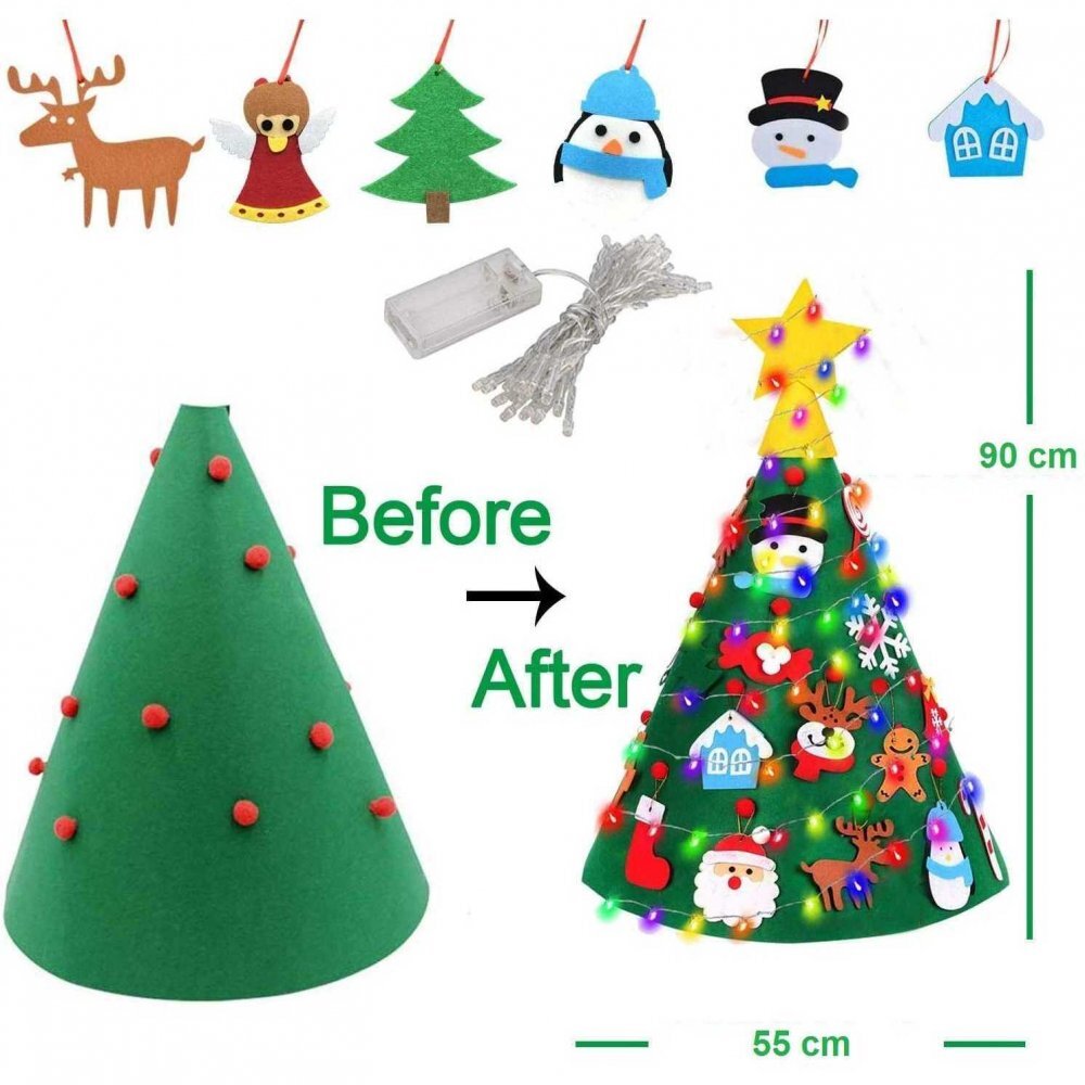 Bambinice Brad de Craciun din Fetru model Conic 3D 75x50cm 18 decoratiuni si banda Led inclusa