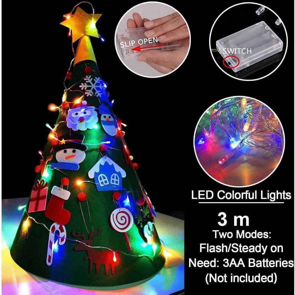 Bambinice Brad de Craciun din Fetru model Conic 3D 75x50cm 18 decoratiuni si banda Led inclusa