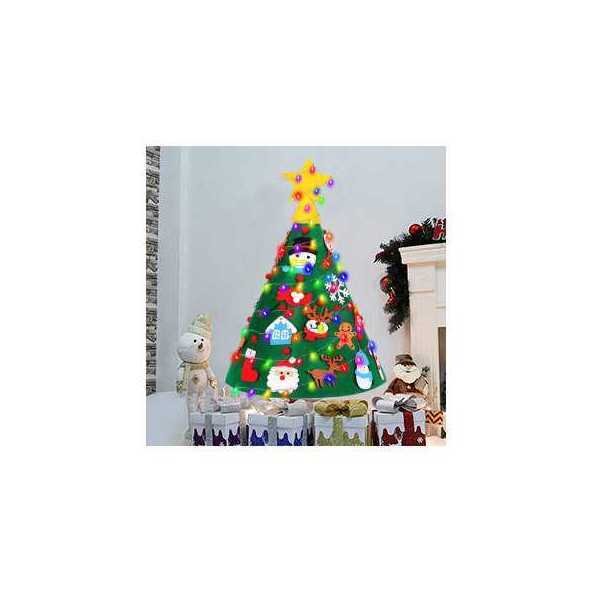 Bambinice Brad de Craciun din Fetru model Conic 3D 75x50cm 18 decoratiuni si banda Led inclusa