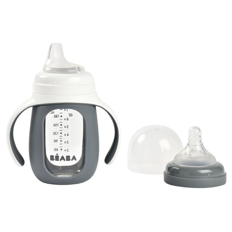 BEABA Biberon de invatare 2 in 1 din sticla 210 ml Mineral Grey