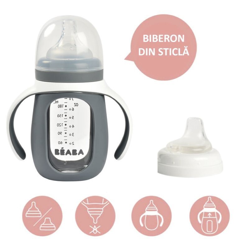 BEABA Biberon de invatare 2 in 1 din sticla 210 ml Mineral Grey