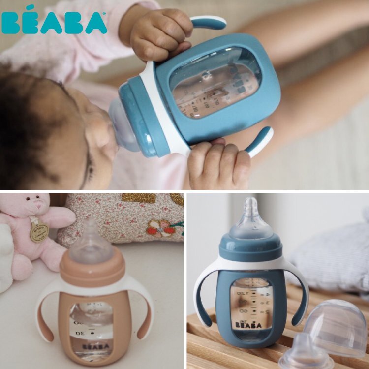 BEABA Biberon de invatare 2 in 1 din sticla 210 ml Mineral Grey