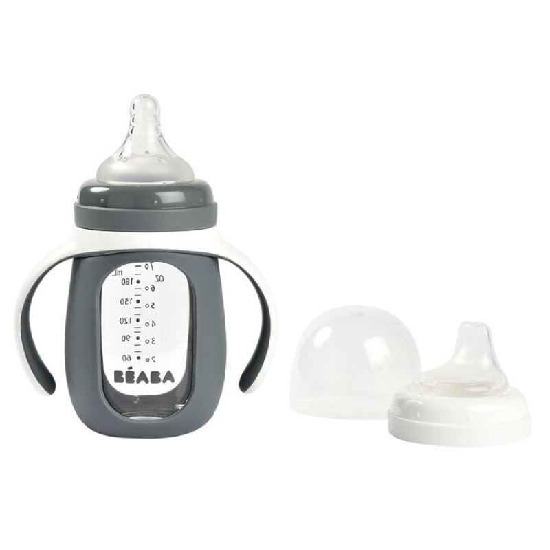 BEABA Biberon de invatare 2 in 1 din sticla 210 ml Mineral Grey