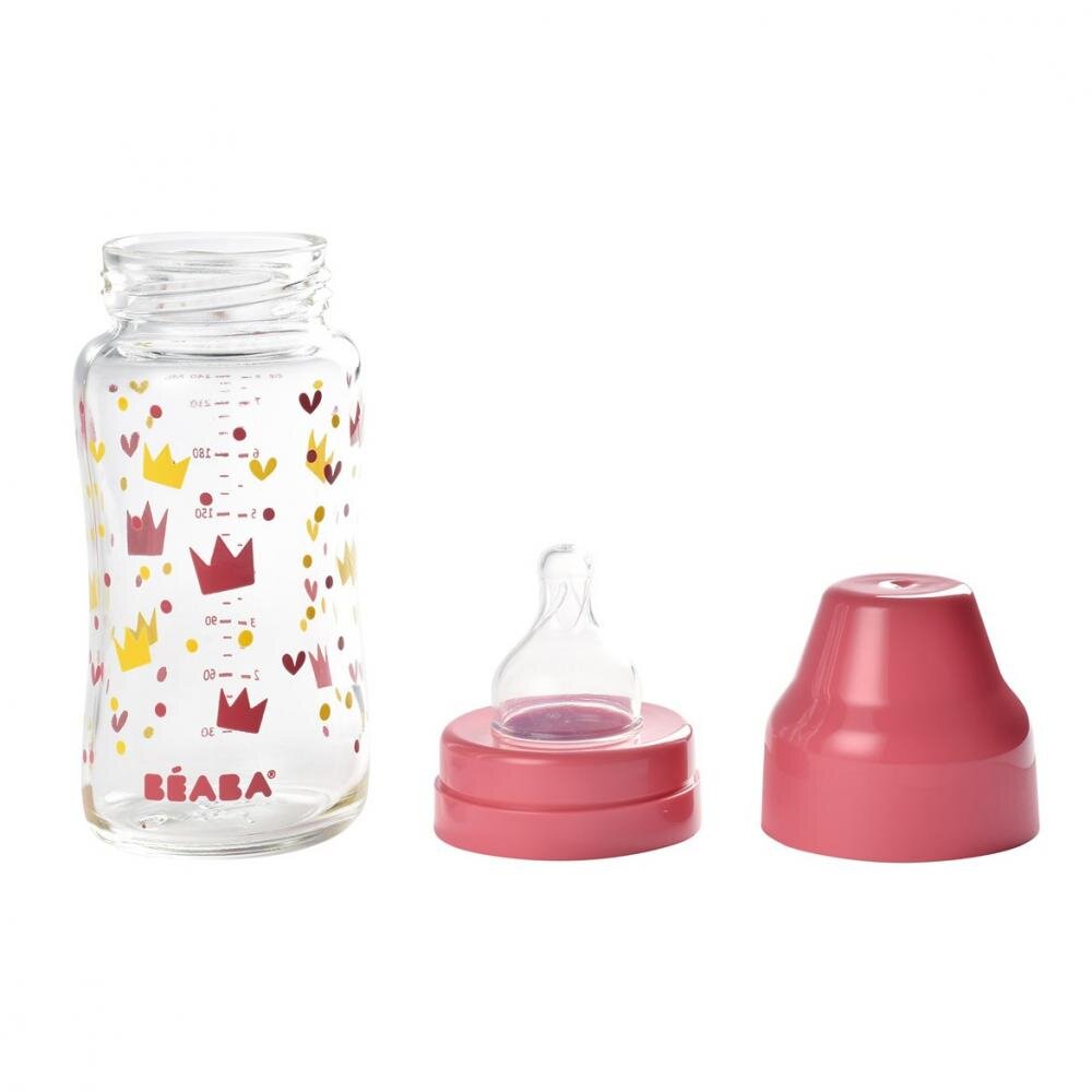 BEABA Biberon din sticla cu gat larg Crown 240ml Pink