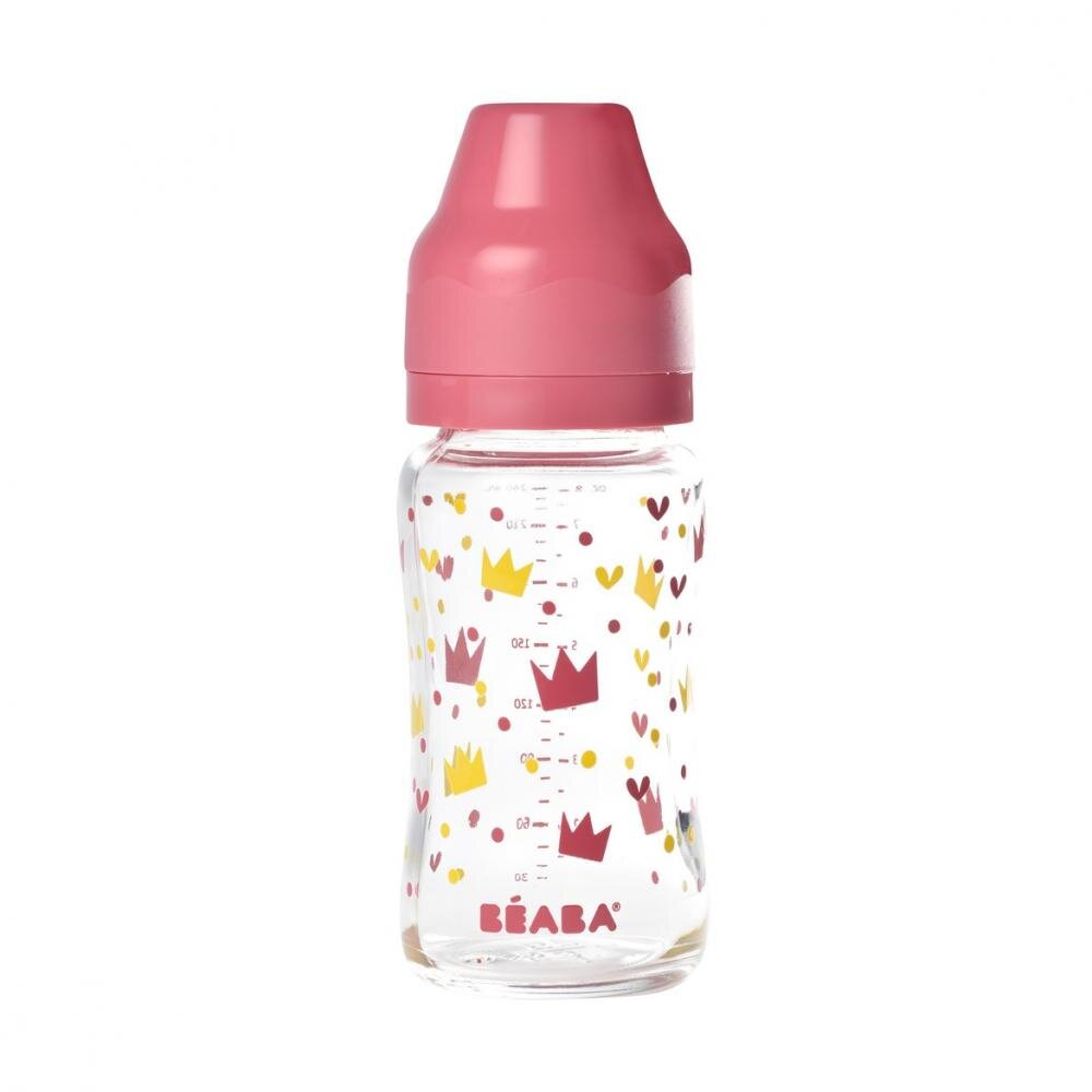 BEABA Biberon din sticla cu gat larg Crown 240ml Pink