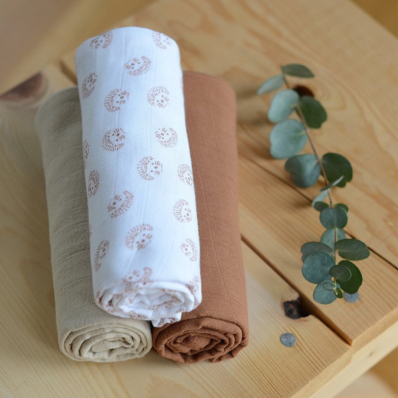 BEABA Set 3 museline bumbac organic 70x70 cm Herisson Marron