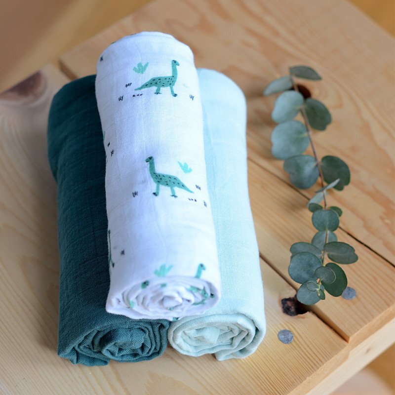 BEABA Set 3 museline bumbac organic 70x70 cm jurassic green