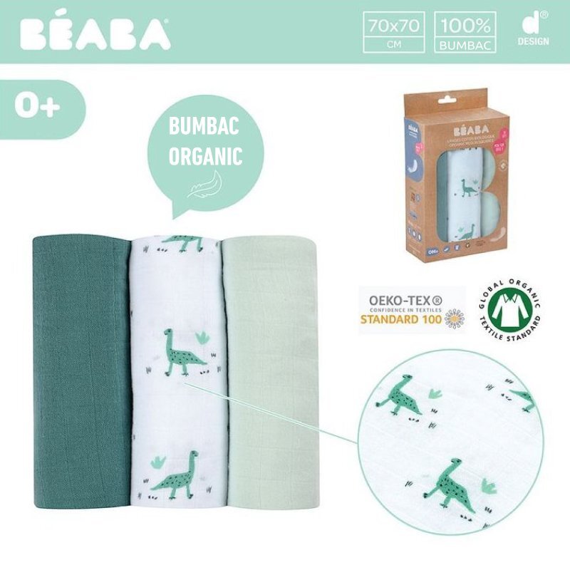 BEABA Set 3 museline bumbac organic 70x70 cm jurassic green