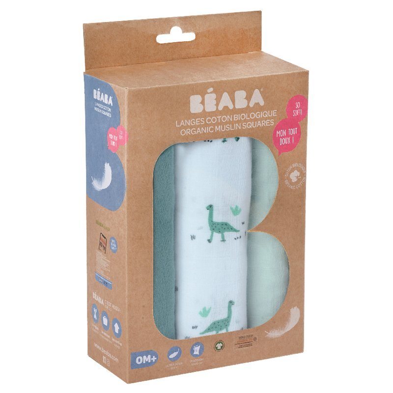 BEABA Set 3 museline bumbac organic 70x70 cm jurassic green
