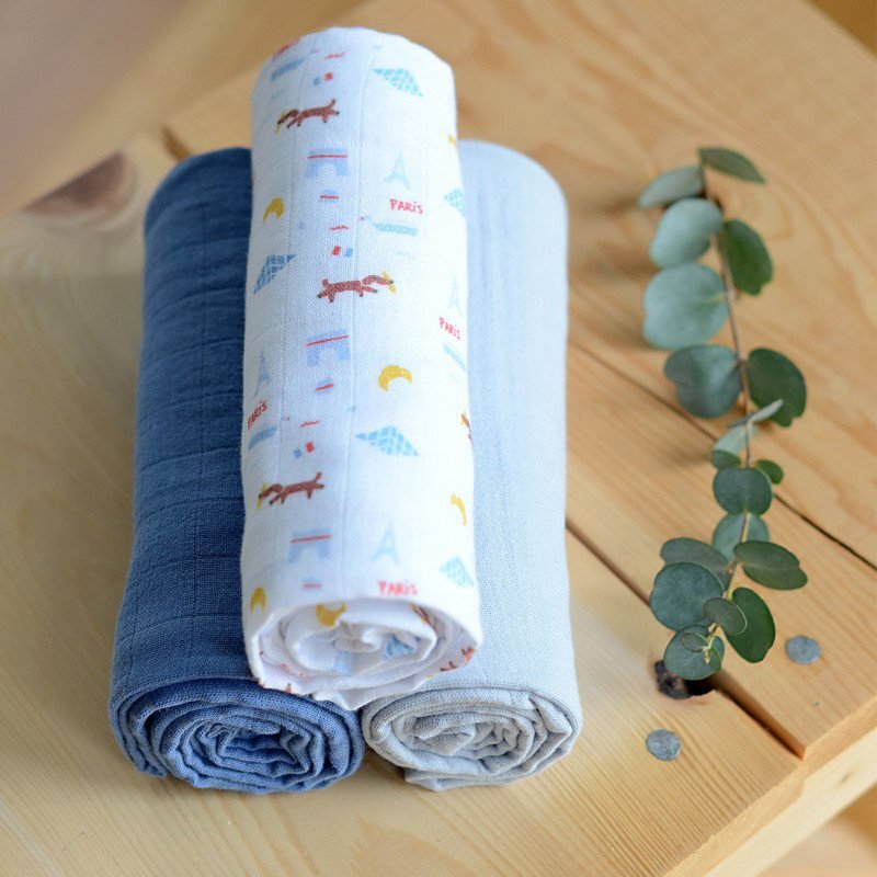 BEABA Set 3 museline bumbac organic 70x70 cm paris blue