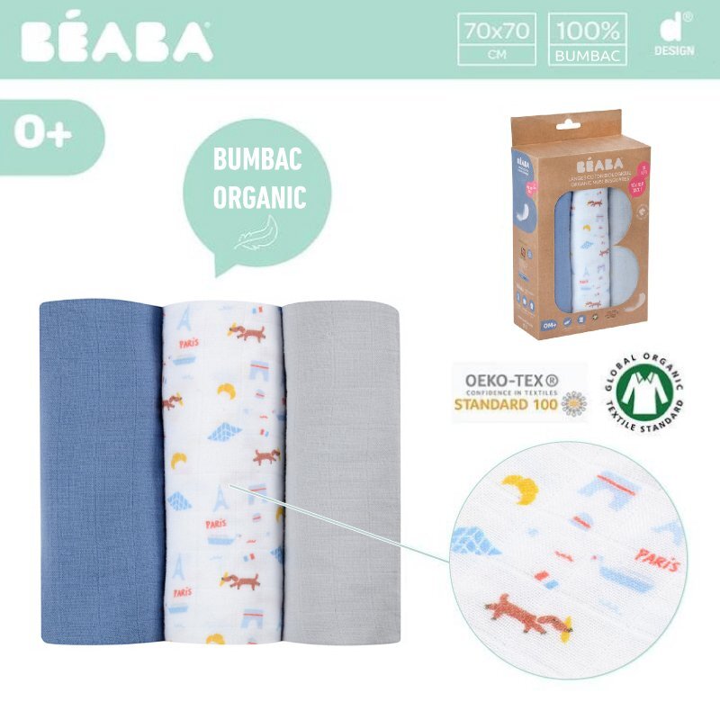 BEABA Set 3 museline bumbac organic 70x70 cm paris blue