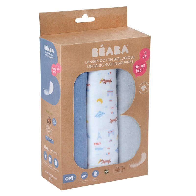 BEABA Set 3 museline bumbac organic 70x70 cm paris blue