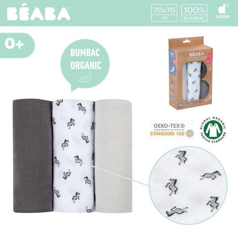 BEABA Set 3 museline bumbac organic 70x70 cm savana grey