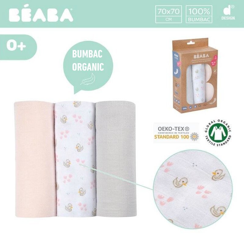 BEABA Set 3 museline bumbac organic 70x70 cm swan pink