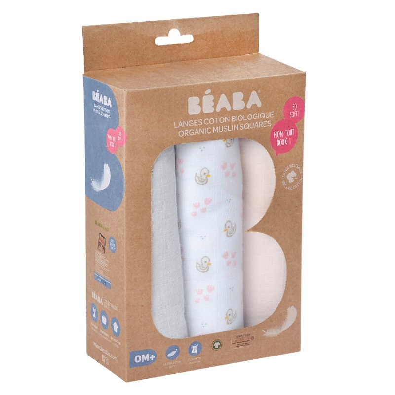 BEABA Set 3 museline bumbac organic 70x70 cm swan pink